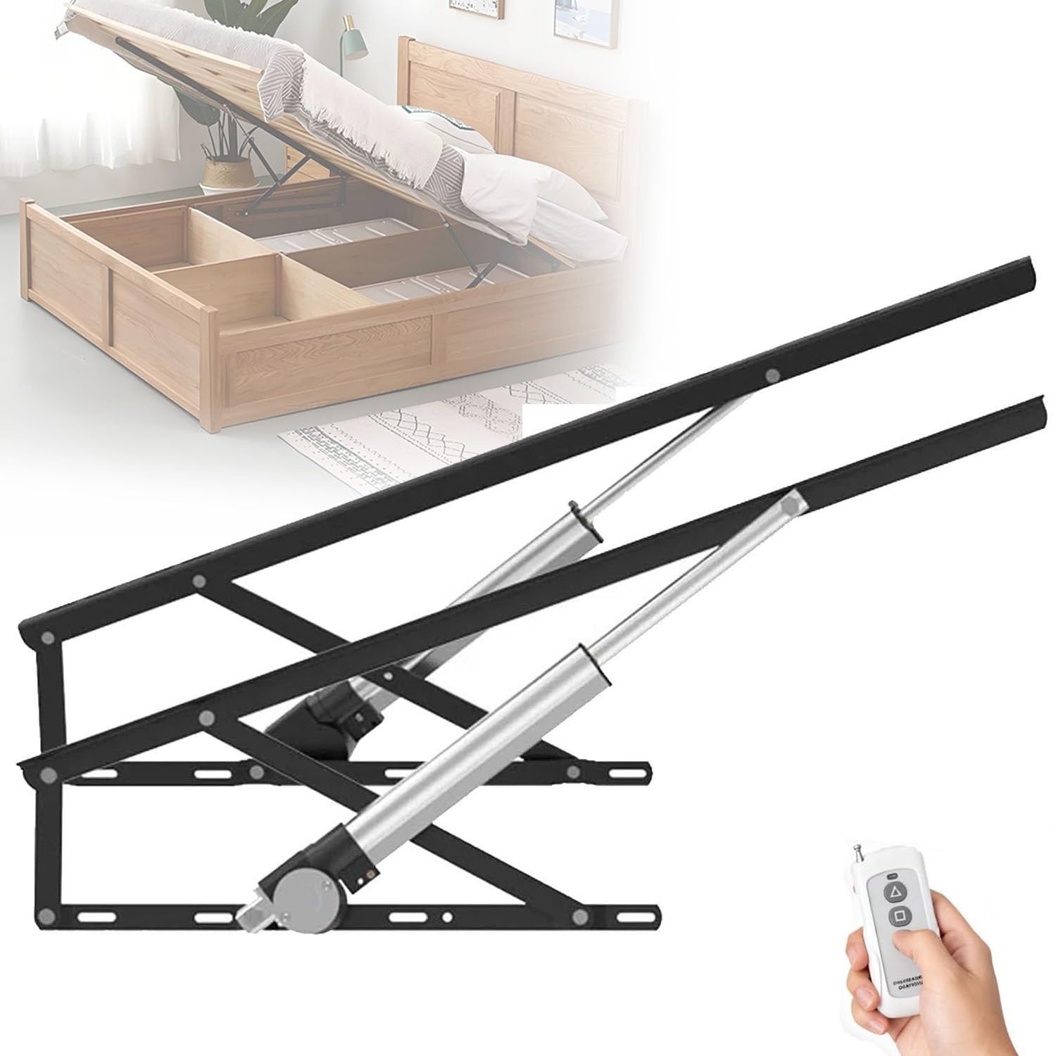 UORDBY Smart Home 2 PCS Electric Bed Lift Mechanism, Lifting Gas Spring Set with Remote Control, 600kg Load Capacity Space Saving for Storage Box Bed Sofa, DIY Project Black-1.1m