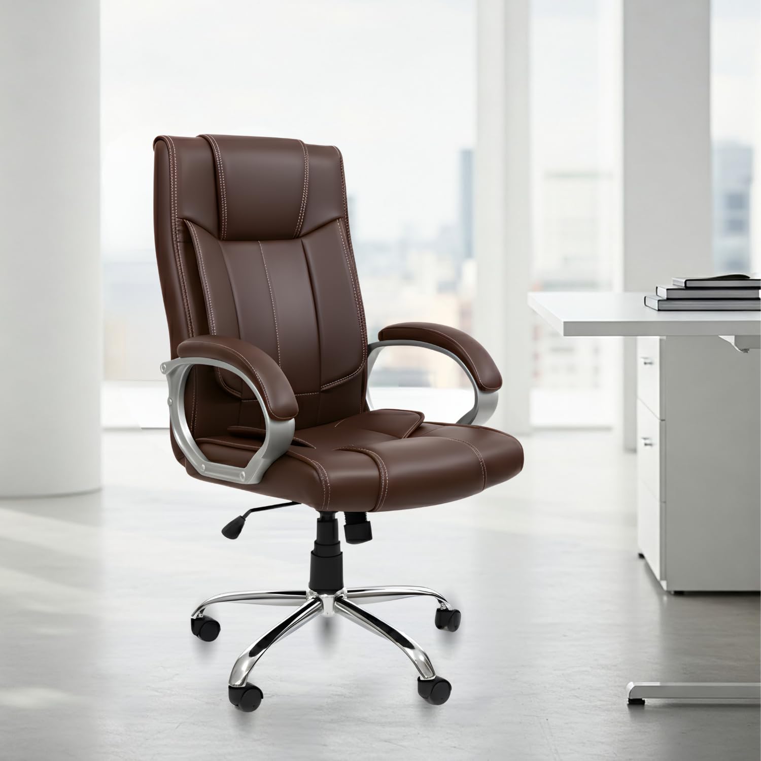 activa Ergonomic Office Chair | Premium Leatherette Boss Chair with Padded Seat & Backrest | Adjustable Height Seat for Work/Study/Gaming (Kylie, Coffee)-image-1