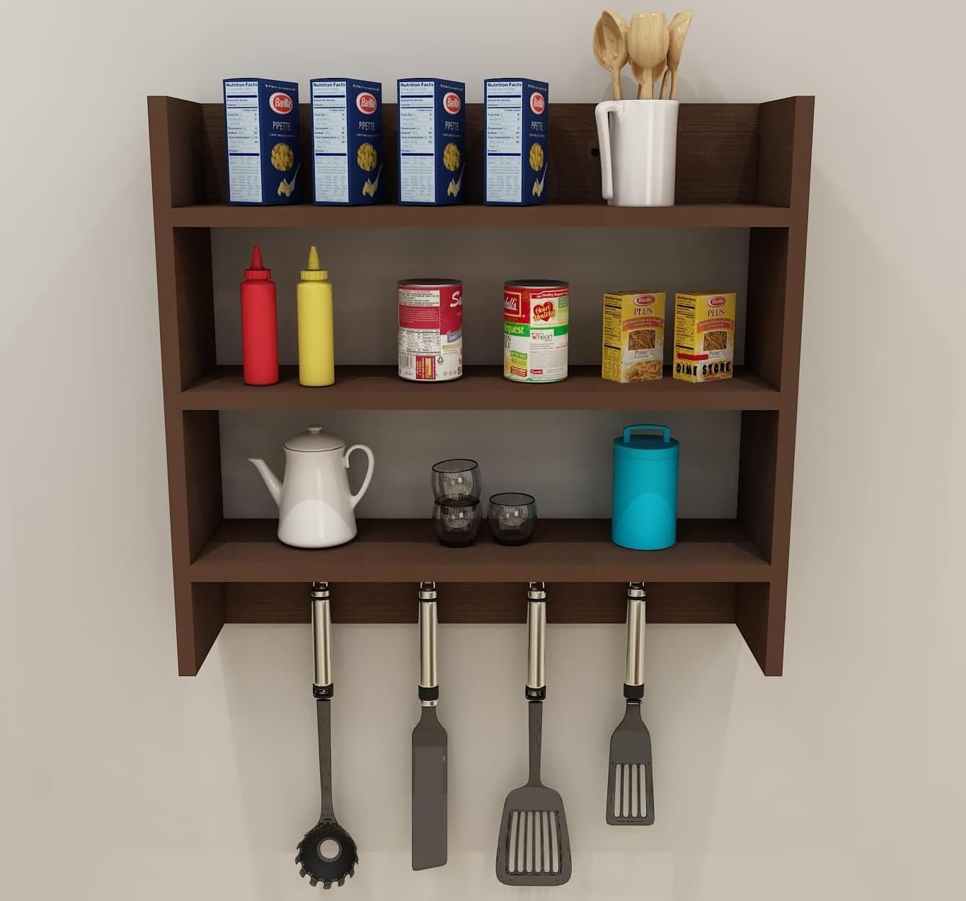 Dime Store Engineered Wood Kitchen Storage Rack Wall Mounted Storage Shelf with Hooks Wall Shelves (Standard, Brown)