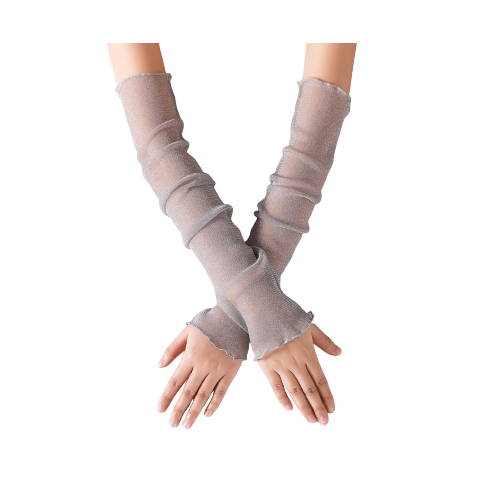 Pofluany Women's Grey Sheer Mesh Arm Sleeves Long Ultra-Thin Lace Fingerless Gloves Uv Sun Protection Cooling Mesh Tulle Sunscreen Sleeves For Outdoors One Size