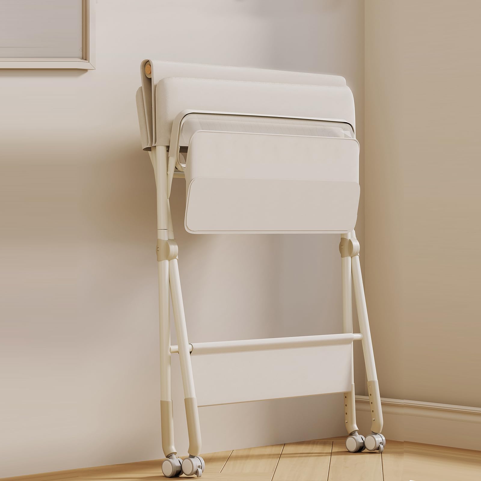 Table a Langer Pliante avec Panier de Rangement,pour Nouveau-né, Charge Max 25KG,Réglable en Hauteur,Table a Langer Bebe avec roulettes,80 * 73 * 86-94 cm (Blanc Laiteux)