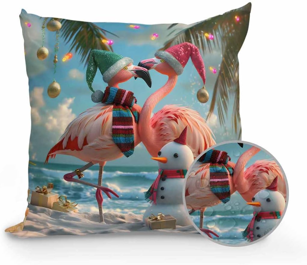 Outdoor Waterproof Throw Pillows Flamingo Christmas Snowman Beach Palm Trees Patio Pillows Pack of 2,Decorative Pillow Covers with Insert,Pillow Cushion Case for Garden Couch Sofa Waves Blue Sky
