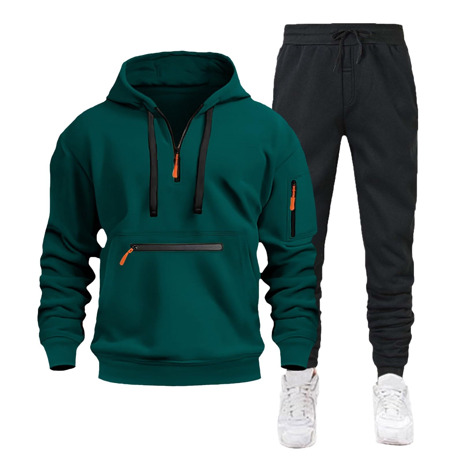 Męski zestaw dresowy, bluza z kapturem i joggery, 2-częściowy polar z zamkiem do połowy, dla mężczyzn, miękka bawełniana bluza z kapturem i spodnie, lekka, wygodna odzież sportowa, strój na siłownię