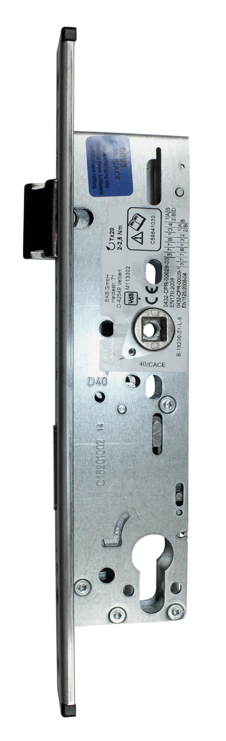 BKS Rohrrahmen Panikschloss Türschloss B-18200-51-L-8, Funktion B einwärts/auswärts geteilte Nuss, Dornmaß 40mm, Entfernung: 92mm, U-Form Stulp: 24x268mm, DIN Links/Rechts (Dornmass: 40mm (39mm))