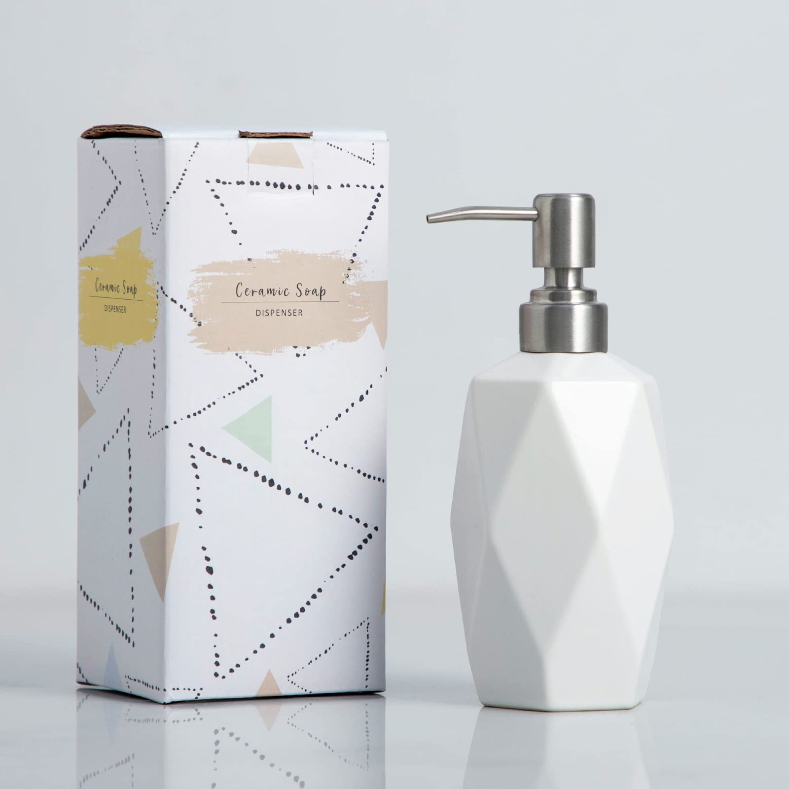 FE Keramik-Seifenspender – 383 Ml, Mit Edelstahl-Pumpe, Rauten-Design, Für Bad & Küche