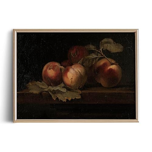 Farmhouse Still Life Picture Living Room - Rustic Vintage Decor for Bedroom - Peach Fruit Dining Room Moody Muted Oil Painting Art Deco Wall Art for
