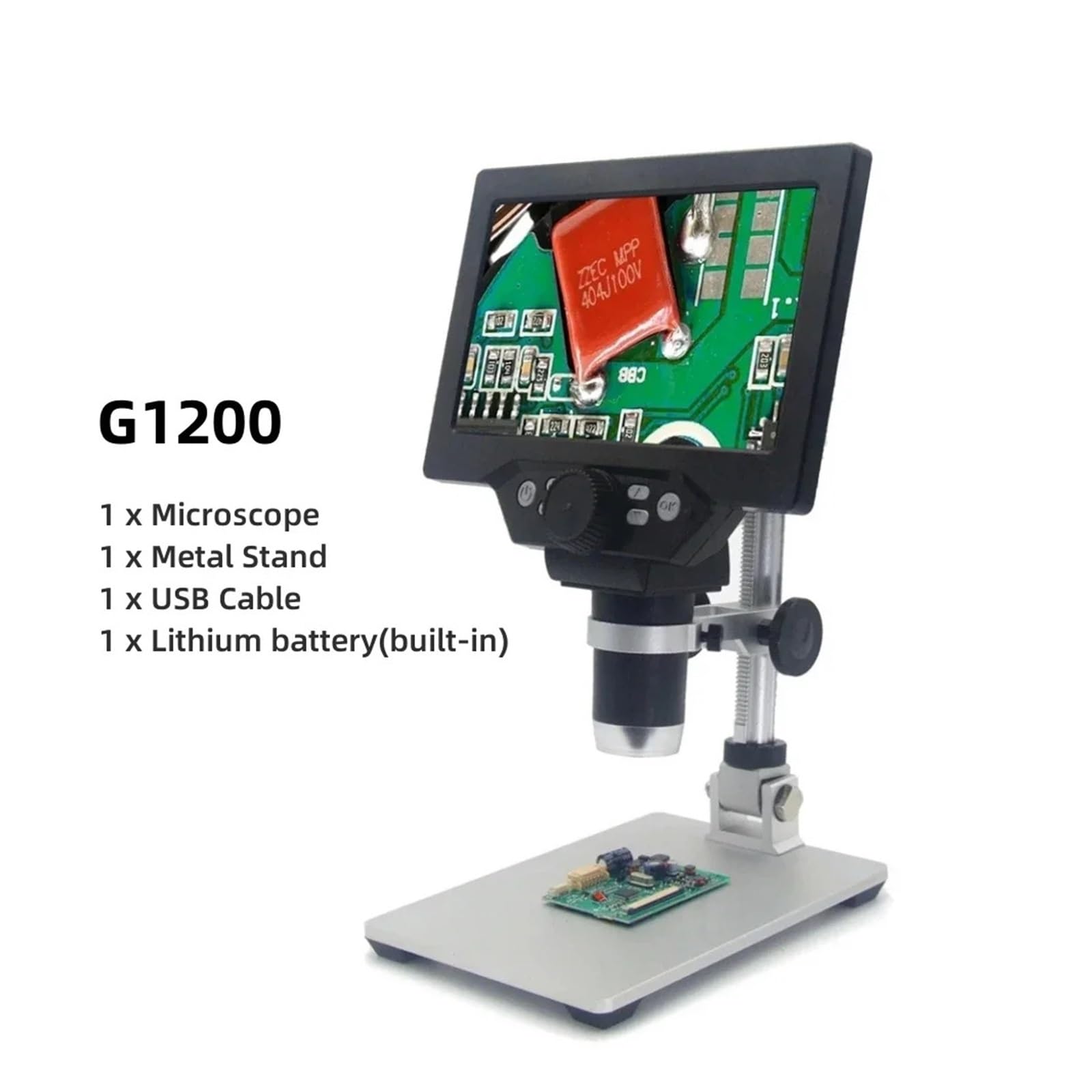 G1200 7-Inch Digital Microscope 1200x Continuous Zoom HD 12MP Industry Adjustable Stand Built-in Battery Magnifier(G1200)