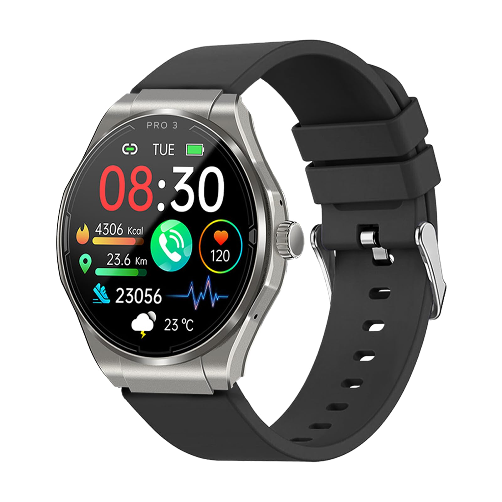 Knauermann PRO 3 (2024) Silber - Gesundheitsuhr Smartwatch mit Telefoniefunktion - EKG + HRV und SOS Funktion - AMOLED Display- BT Bluetooth - Schlafapnoe - Silikonband Schwarz, 14-24, rund