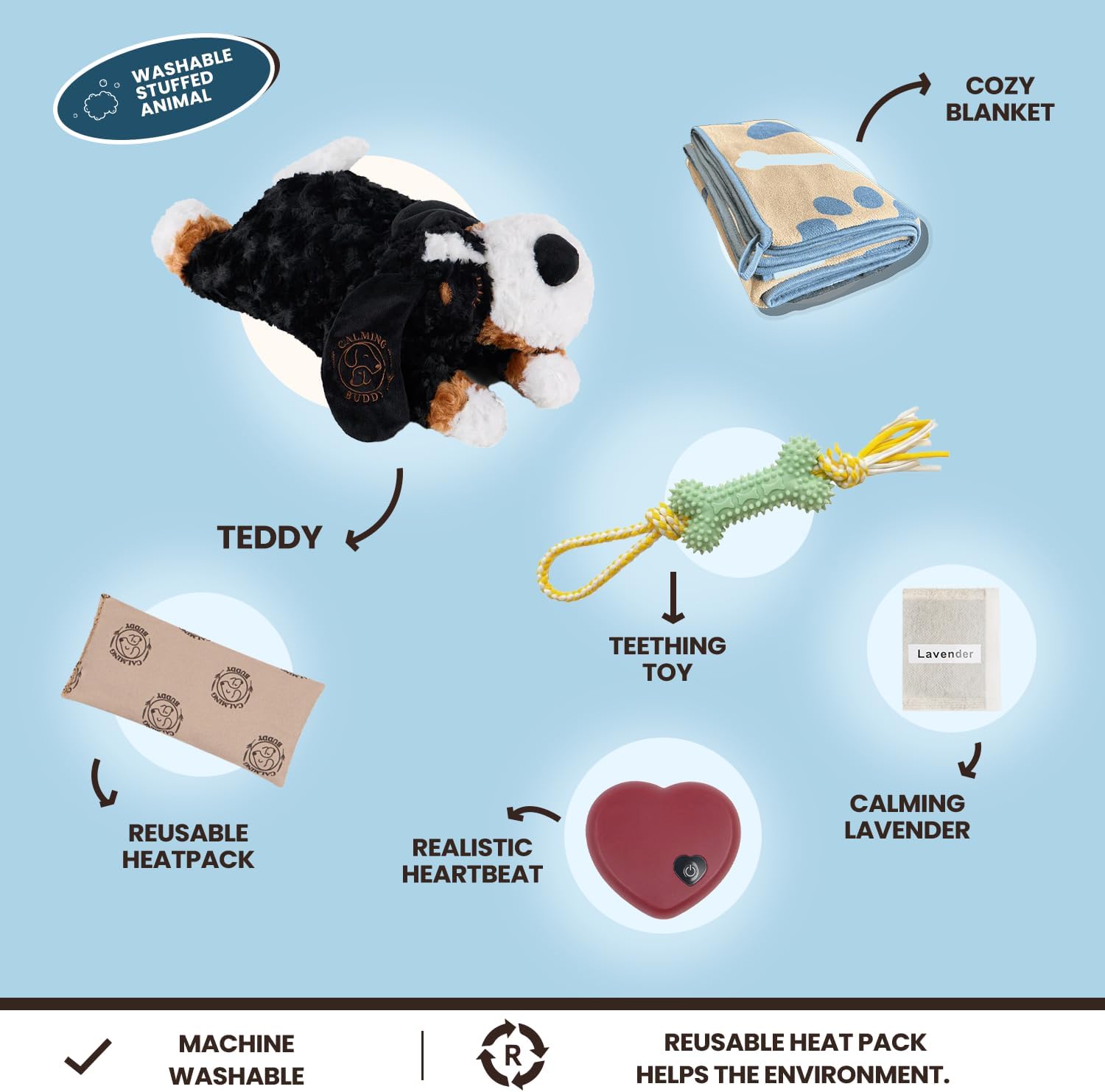 Teddy - Puppy Heartbeat Toy for Anxiety Relief with Reusable Heat Pack and Lavender, Sleep Aid for Dogs, Plush Comfort Toy for All Breads (Teddy Kit)