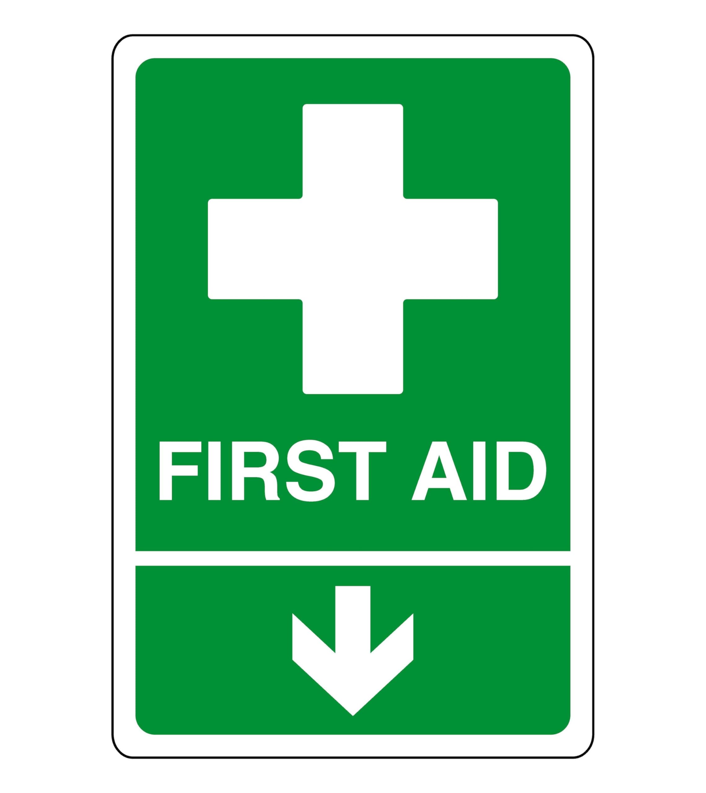 First aid arrow down - safety sign - AED sign, first aid stickers, first aid kit - High tack self-adhesive sticker (300mm x 200mm) Viewing Distance within 7m.