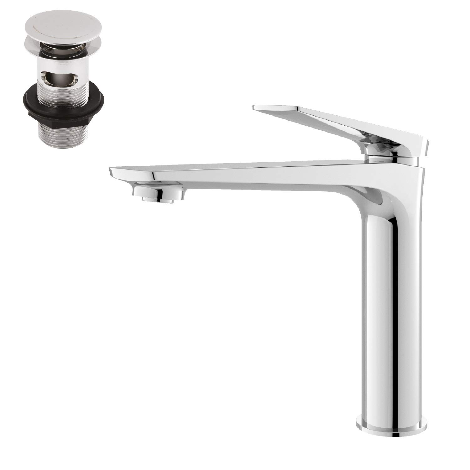 Hudson ReedDRI370 Drift ǀ Modern Bathroom Round Single Lever Tall High Rise Mono Basin Mixer Tap with Push Button Waste, 225mm x 50mm, Chrome