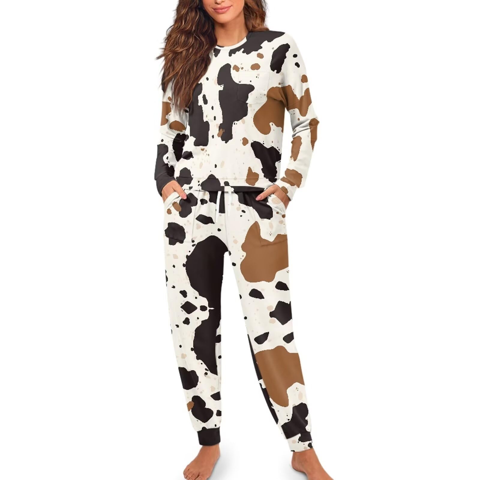 Conjunto de pijama de 2 piezas para mujer, con cordón, suave, cómodo, casual, de manga larga, con bolsillos, tallas S-XXL