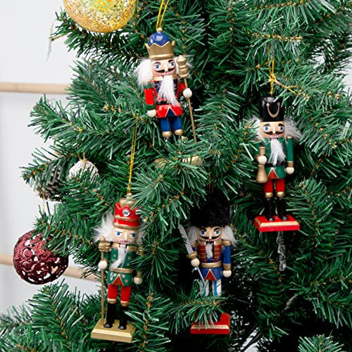 AMOR PRESENT 4PCS Christmas Nutcracker Ornaments Set, Wooden Nutcracker Soldier Hanging Decorations for Christmas Tree Gift Shelf Table Decoration (5.5 Inch)