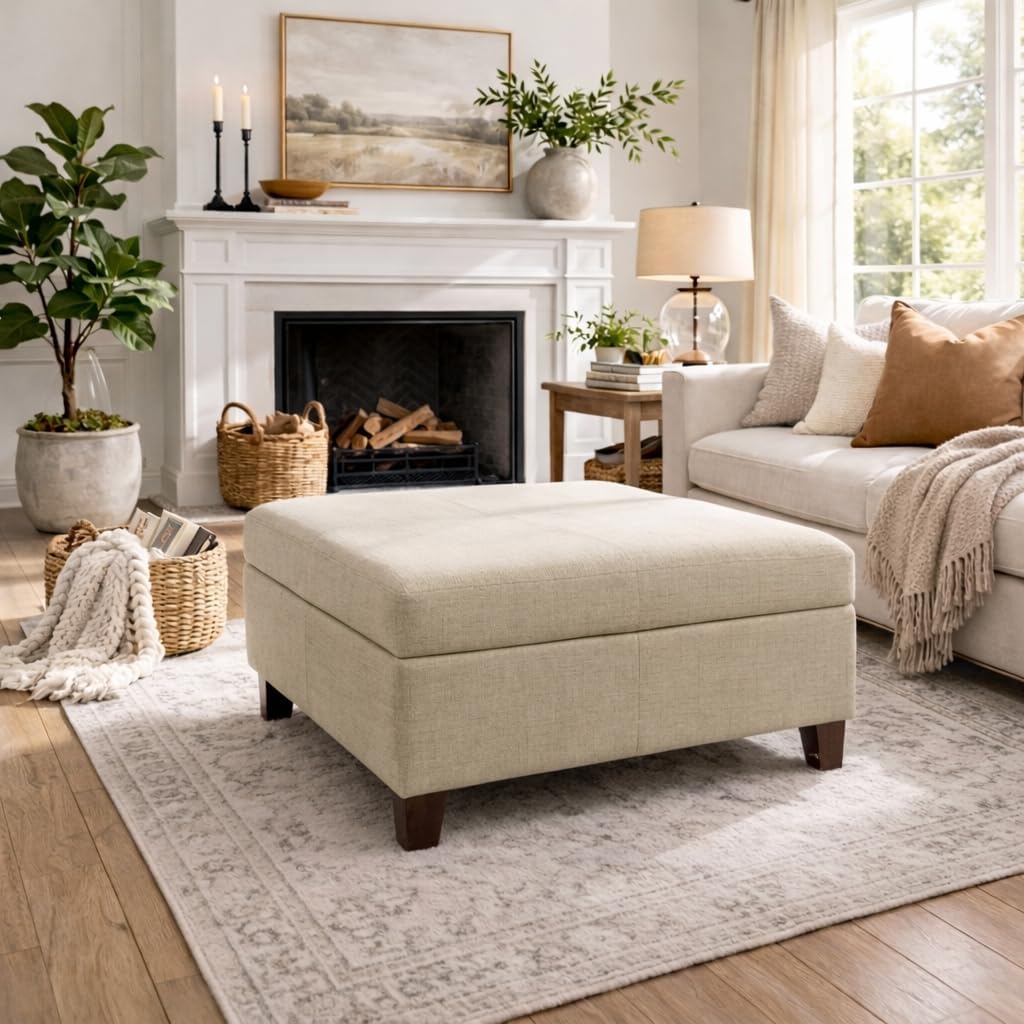 HomePop Woven Square Storage Ottoman with Wood Legs, Linen Tan