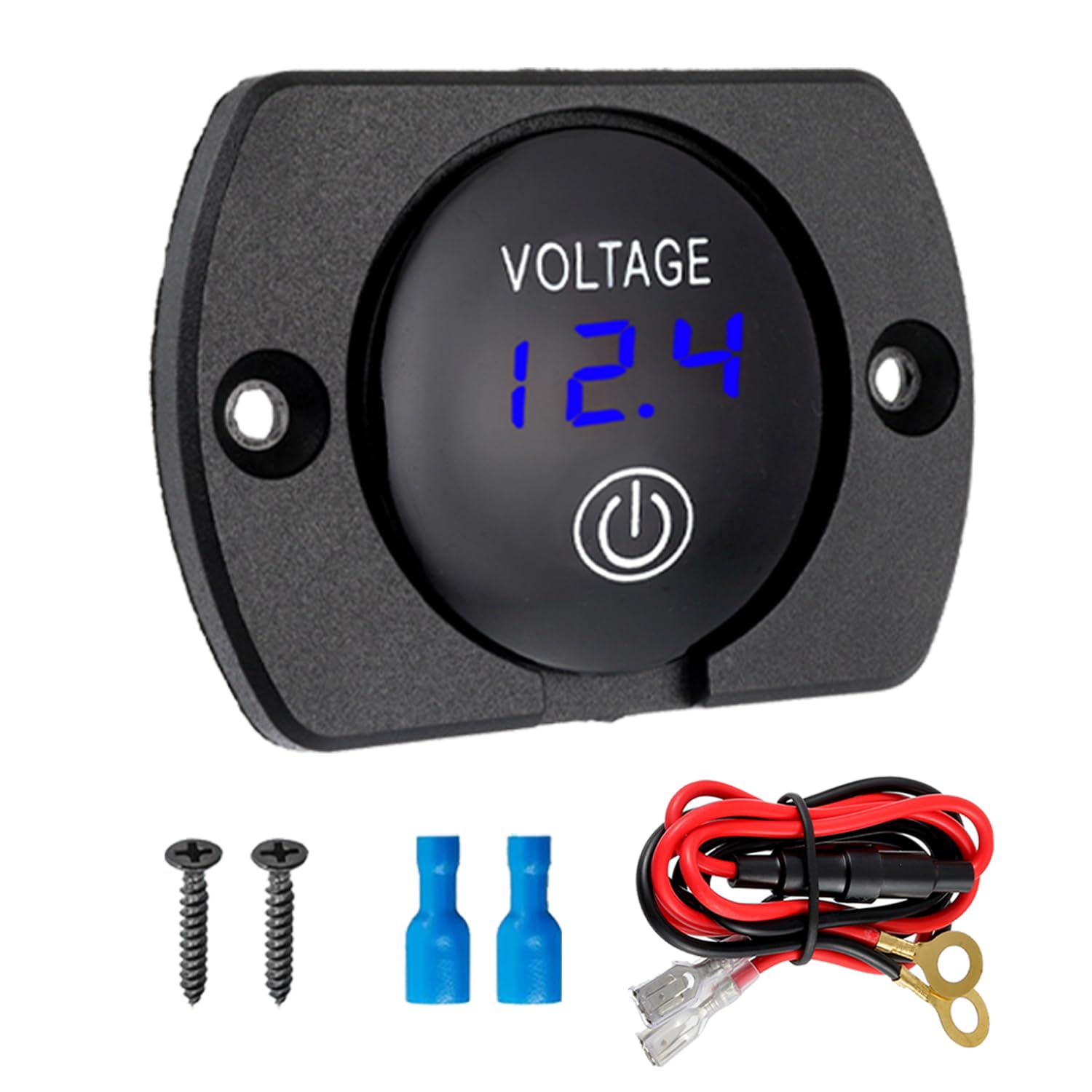 JAMHER DC 12V 24V Volt Meter Battery Voltage Gauge Digital Display with Touch Switch Come with Mounting Plate Round,Connecting Cables and terminals for Boat Marine Motorcycle ATV(Blue Light)