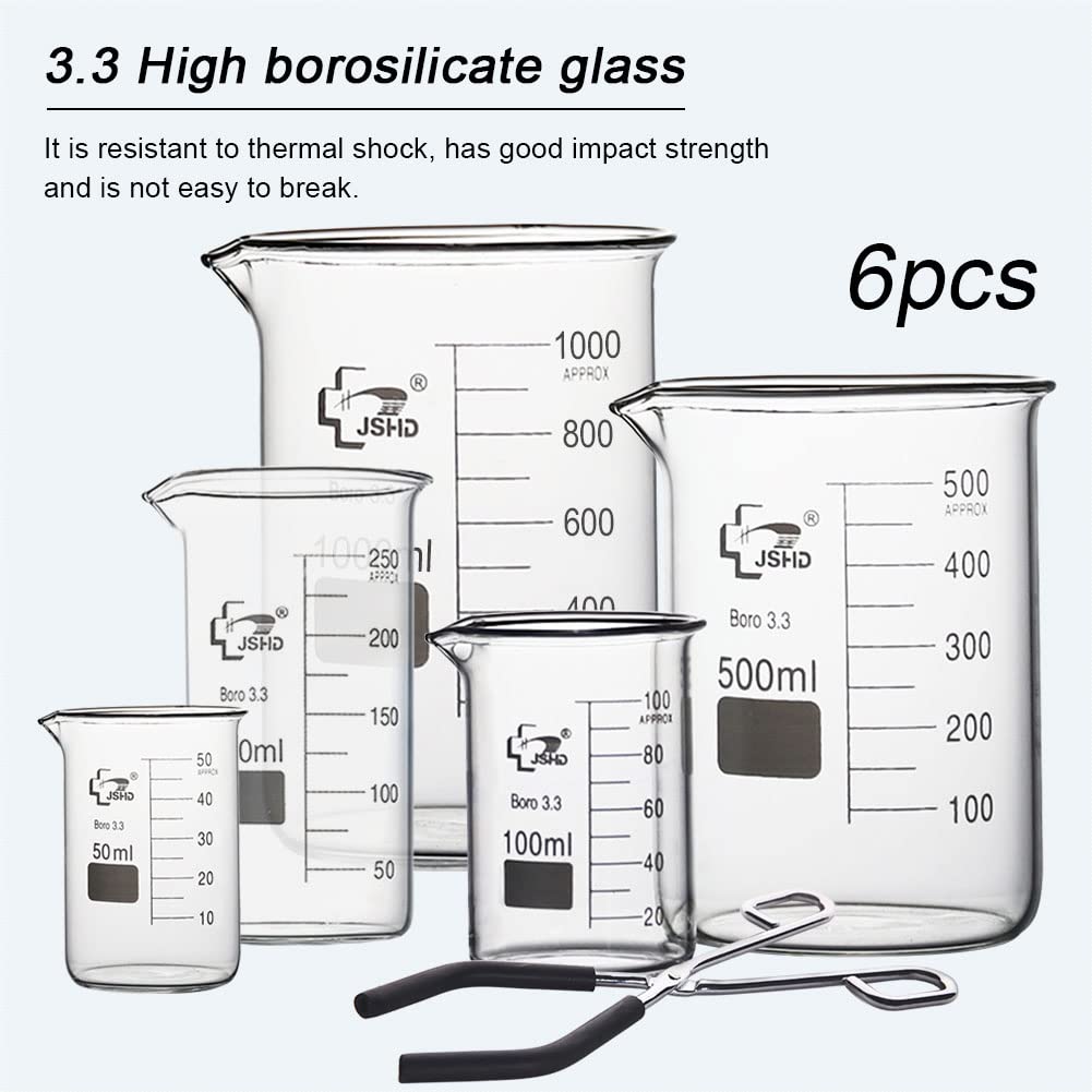 Juego de 6 vasos de medición de vidrio con pinzas de acero cromadas, 50 ml, 100 ml, 250 ml, 500 ml, 1000 ml, vidrio de borosilicato 3.3