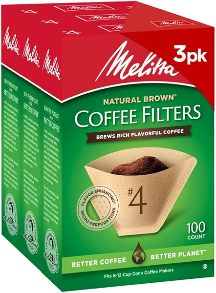 Melitta #4 Cone Coffee Filters, Unbleached Natural Brown, 100 Count (Pack of 3), 300 Total Filters - Packaging May Vary