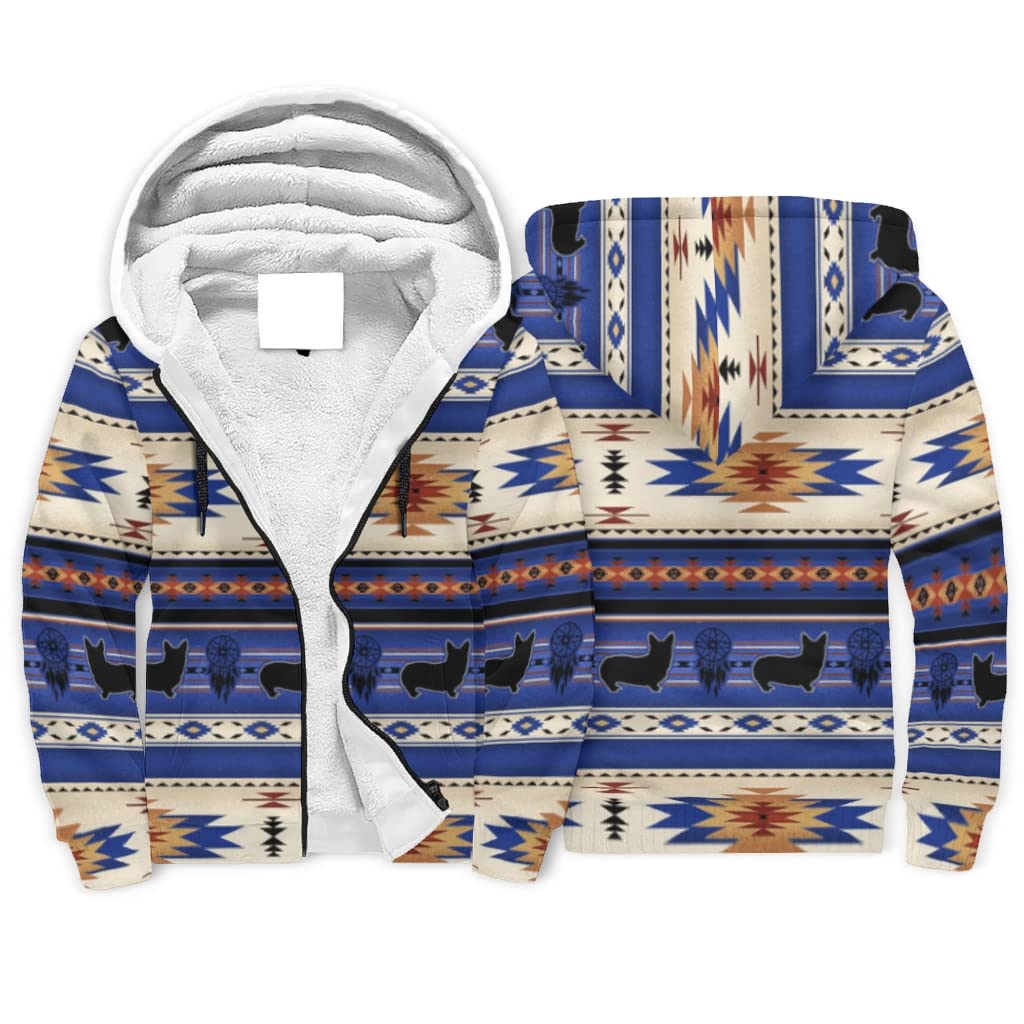 Firelife Aztec Tribal Corgi Men's Hooded Jacket, Long Sleeve Hoodie with Zip, Winter Warm Sherpa Inner Hoodie Pullover Jacket Winter Jacket with Hood