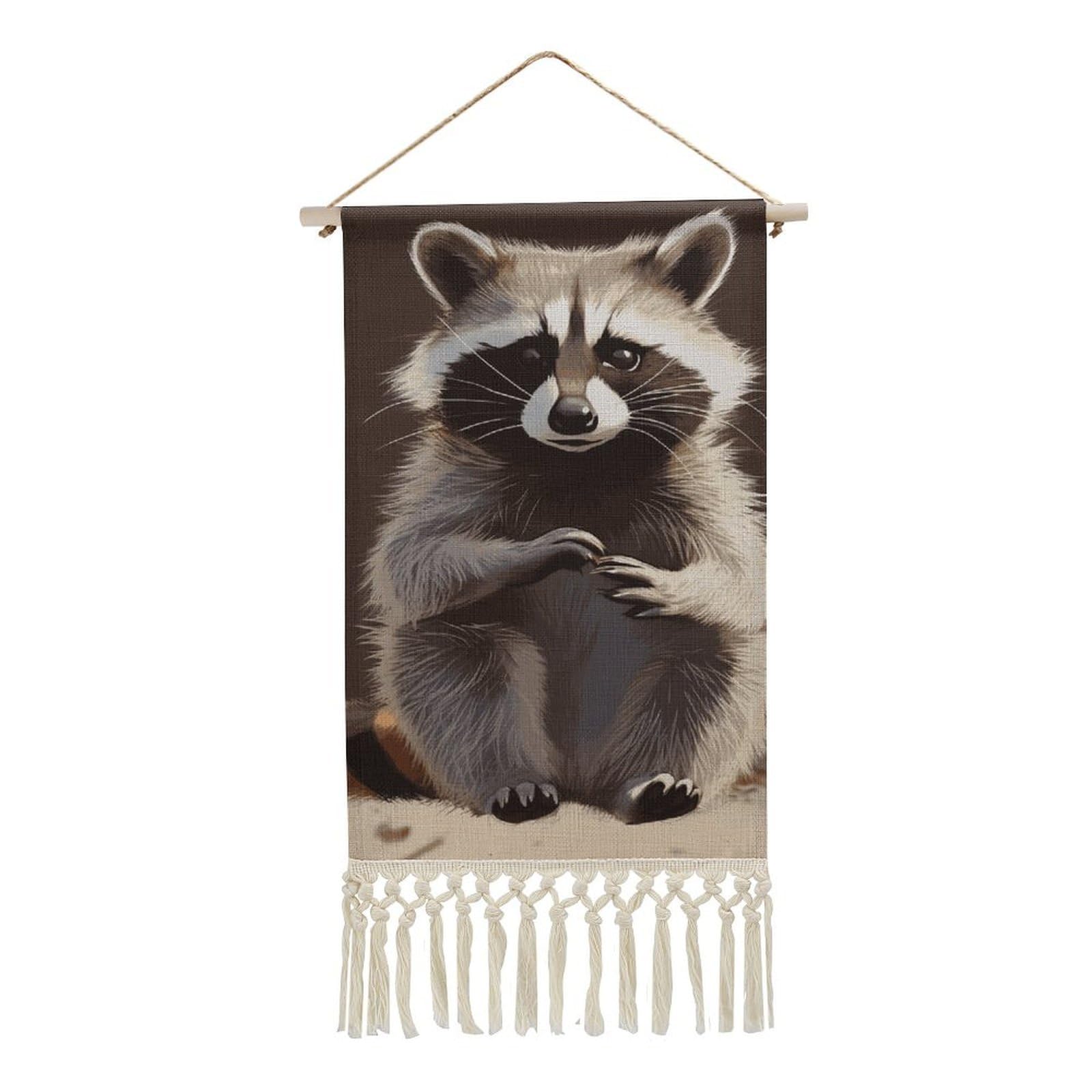 BTCOWZRV Cotton And Linen Hanging Poster with Tassels, Cute Raccoon Wall Hanging Tapestry Vintage Wall Art Painting Modern Artwork Decoration for Home Decor Ready to Hang 10x19.6 in