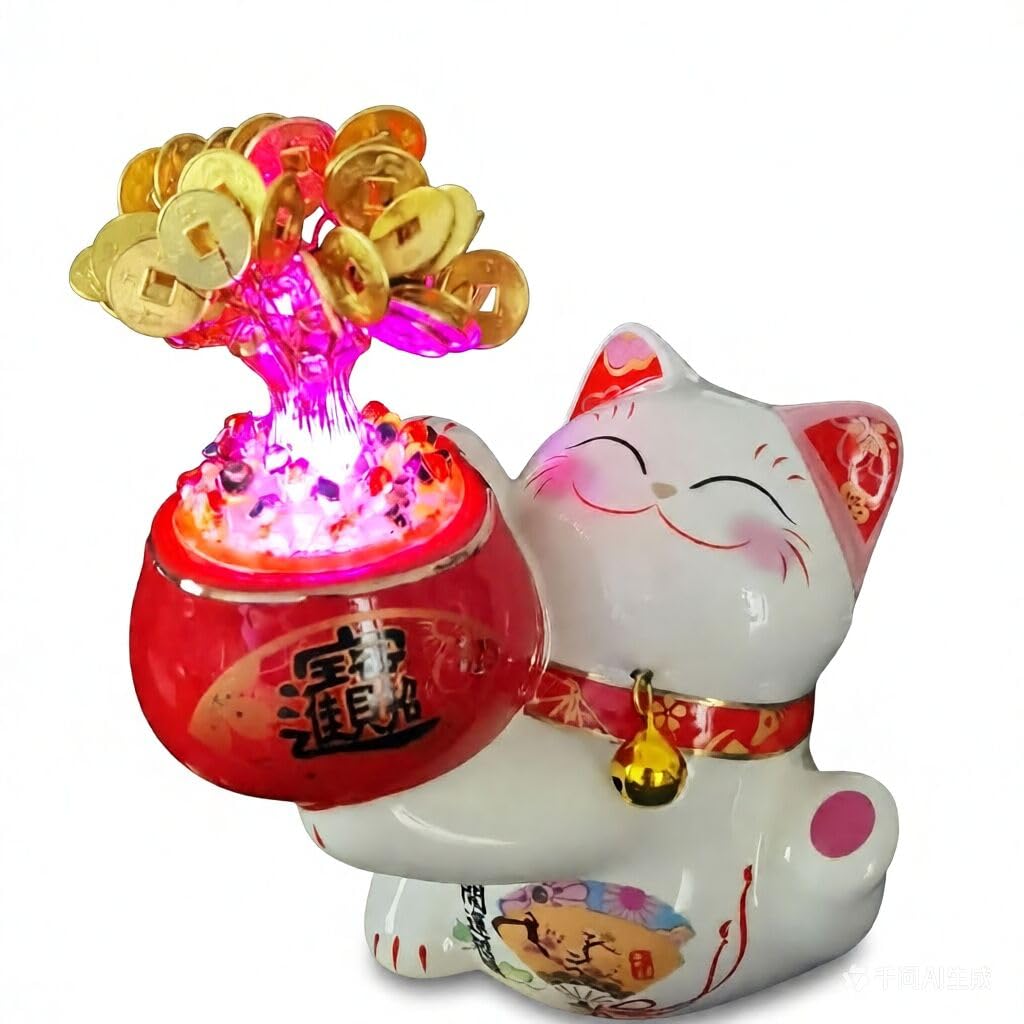 EatingBiting Árbol de oro japonés Maneki Neko de 6 pulgadas con lámpara de luz arcoíris con alimentación USB, figura decorativa de Feng Shui para tiendas, restaurantes, sala de estar, decoración del
