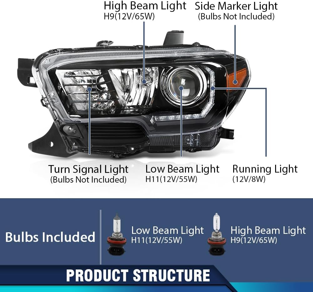 PIT66 LED DRL Front Headlights Assembly Compatible with Toyota Tacoma 2016-2022 Headlamp Pair Clear Lens Black Housing Amber Reflector TO2502244 TO2503244 TO2502254 TO2503254 TO2503243 TO2502243