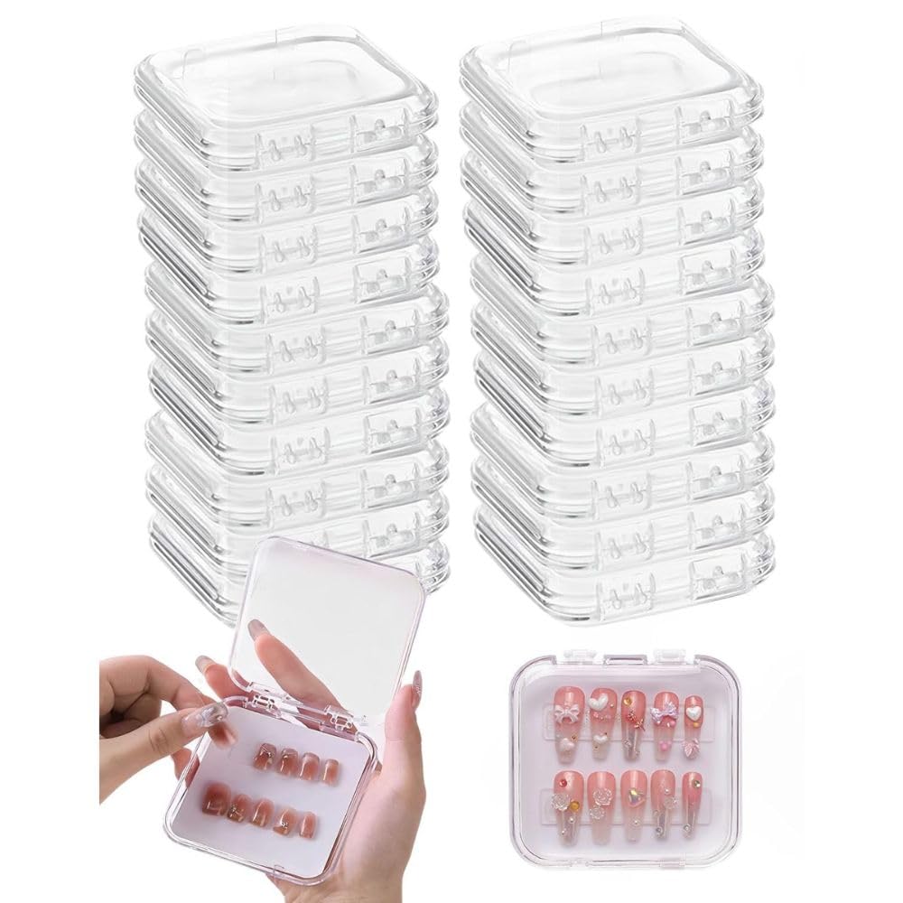 thr3e strokes 20 pieces nail storage boxes(7.5×7.5cm), clear nail tips display storage box set, transparent false nail display