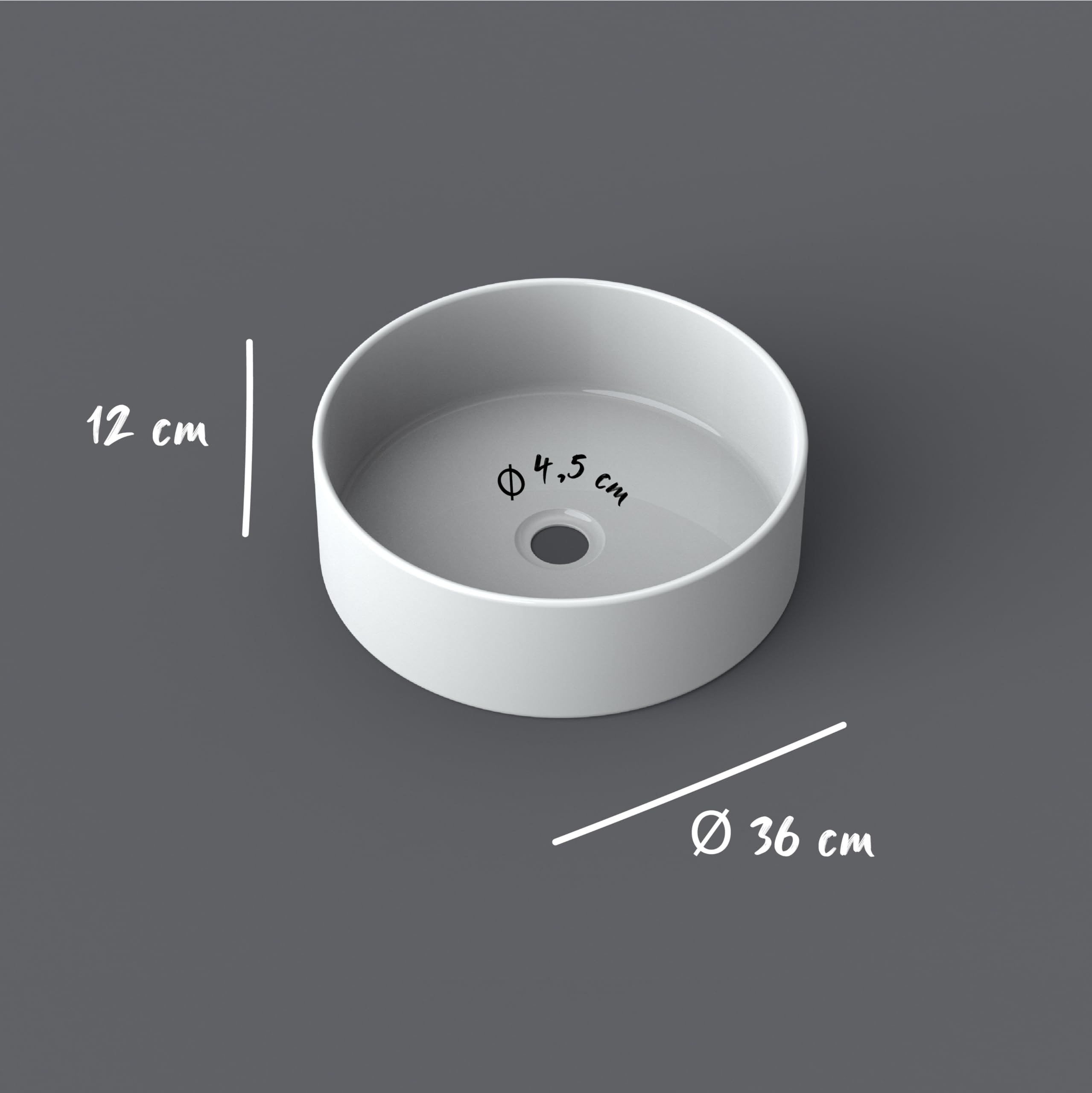 Lavabo cilindrico, in ceramica bianca, 12 x 36 cm (altezza x diametro)