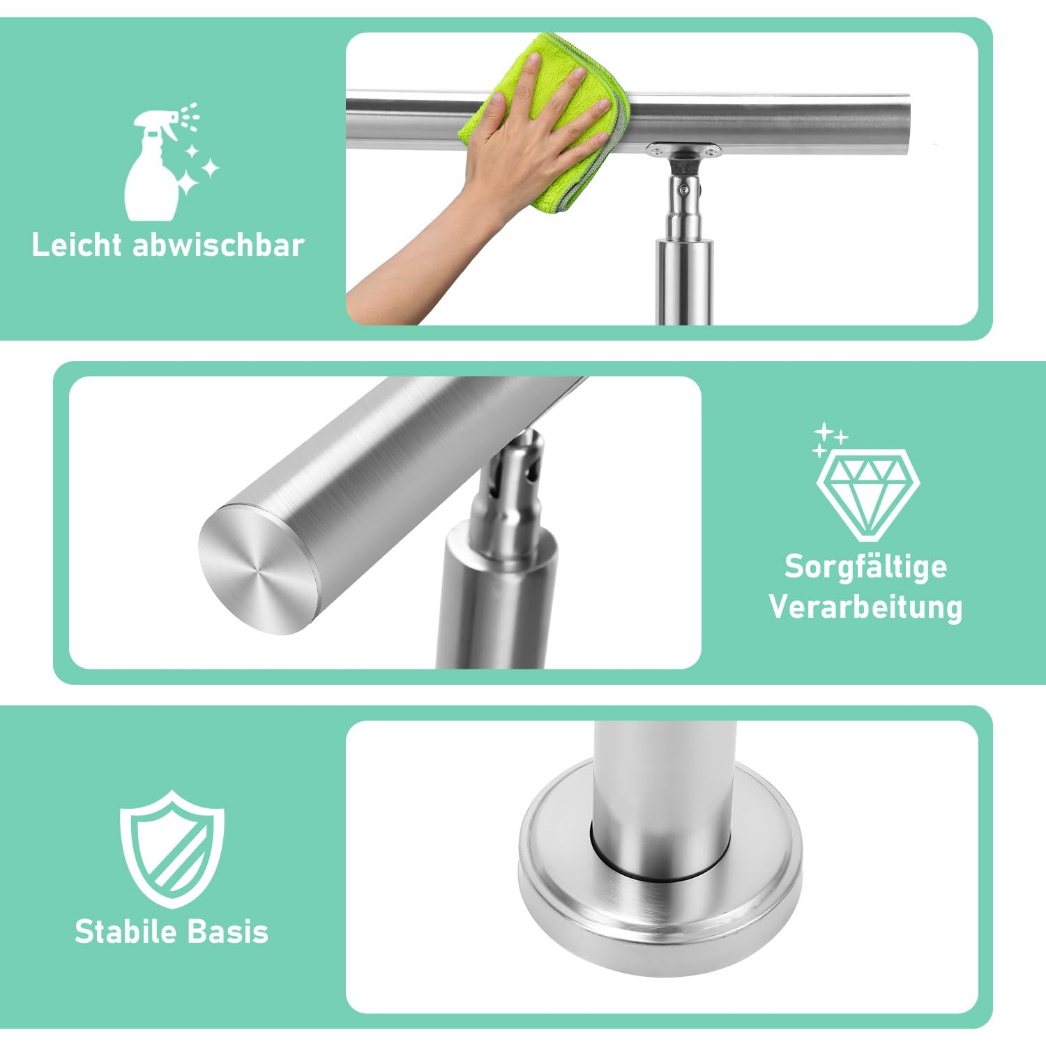 Corrimano in acciaio inox, ringhiera per scale esterne ed interne, 120 cm, Ø 42 mm, con 5 barre trasversali e accessori, ringhiera per scale regolabile ad angolo per giardino, ingresso