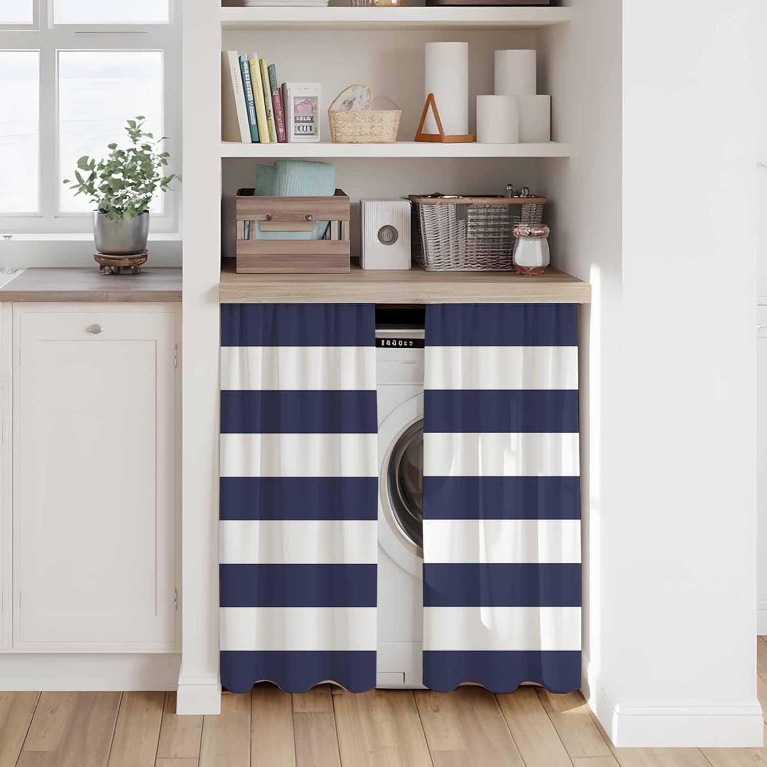 Blue Stripes Kitchen Tier Curtains 45 Inch Long 2 Panel Set, Rod Pocket Short Window Treatment, Simple Blue White Texture Light Filtering Curtains & Drapes for Bathroom Basement 27.5"W x 45"L