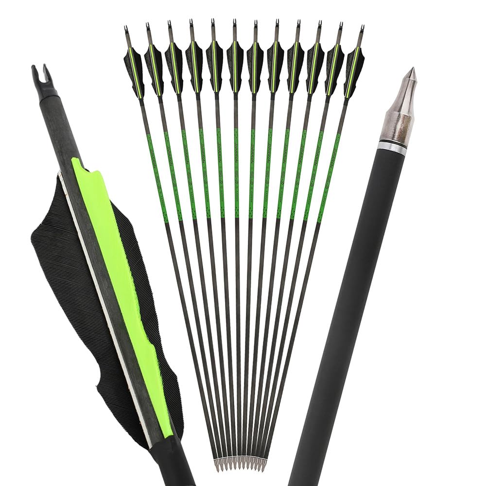 Lot de 6/12 flèches en Carbone Pur 80 cm, raideur 300 à 800 avec Plumes Naturelles, pour Arc Classique et Arc à poulies, Chasse et entraînement sur Cible