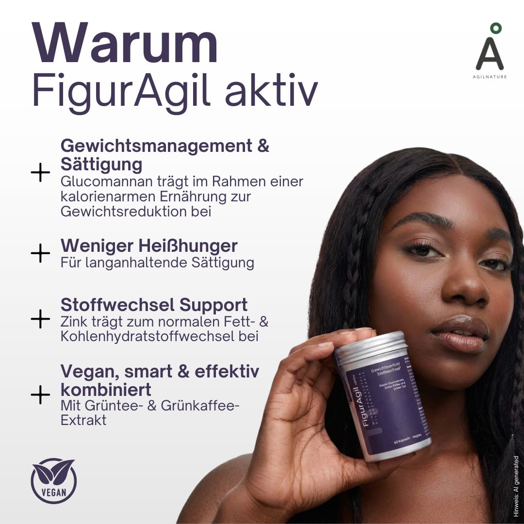 AgilNature Glucomannan Kapseln I 60 vegane Kapseln mit Konjak, Grünem Kaffee & Grünem Tee I Unterstützt Gewichtsverlust im Rahmen kalorienarmer Ernährung I Für Stoffwechsel I Made in Germany