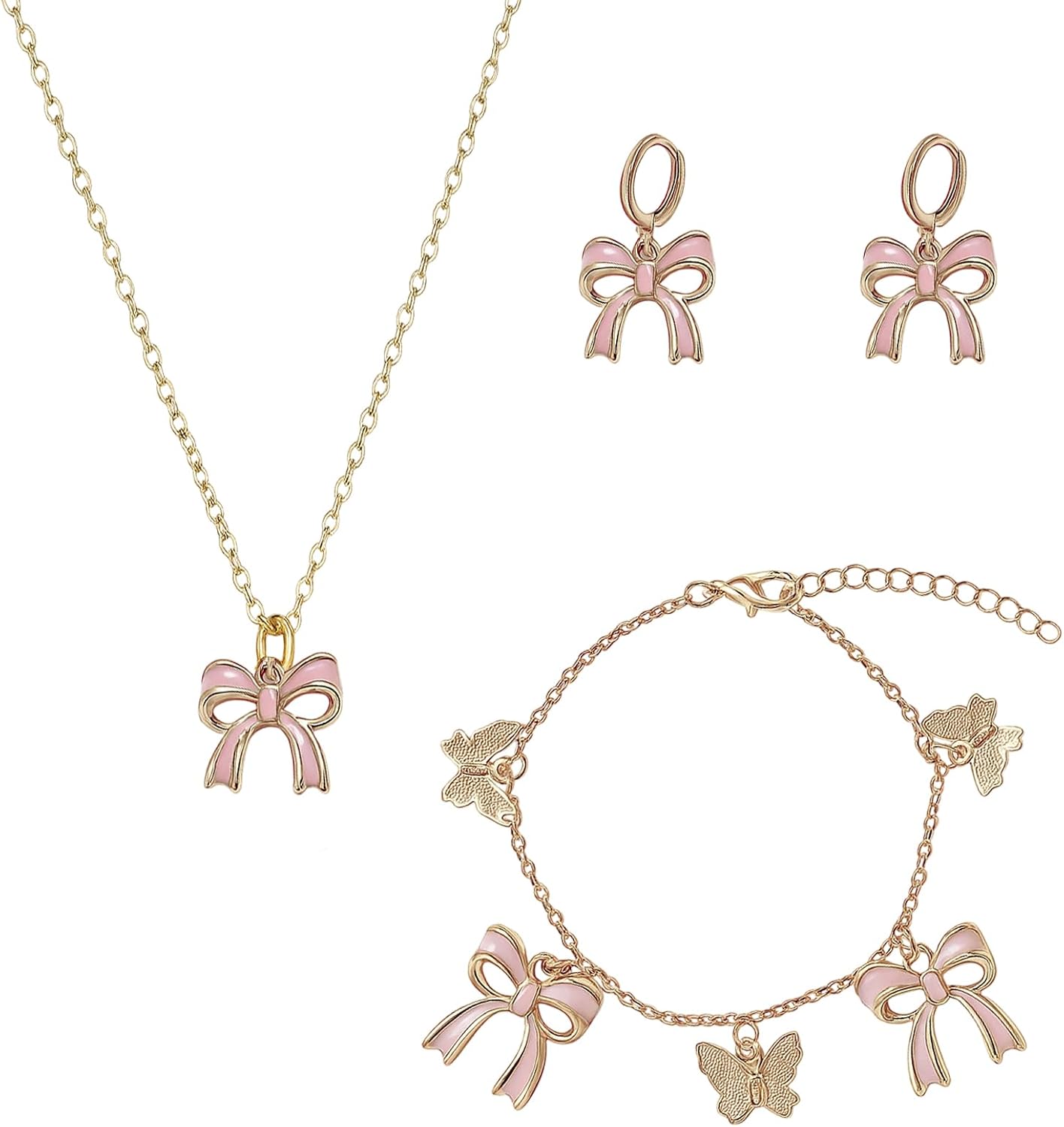 3 Pcs Pink Bow Jewelry Set Bow Necklace Earrings Bracelet for Women