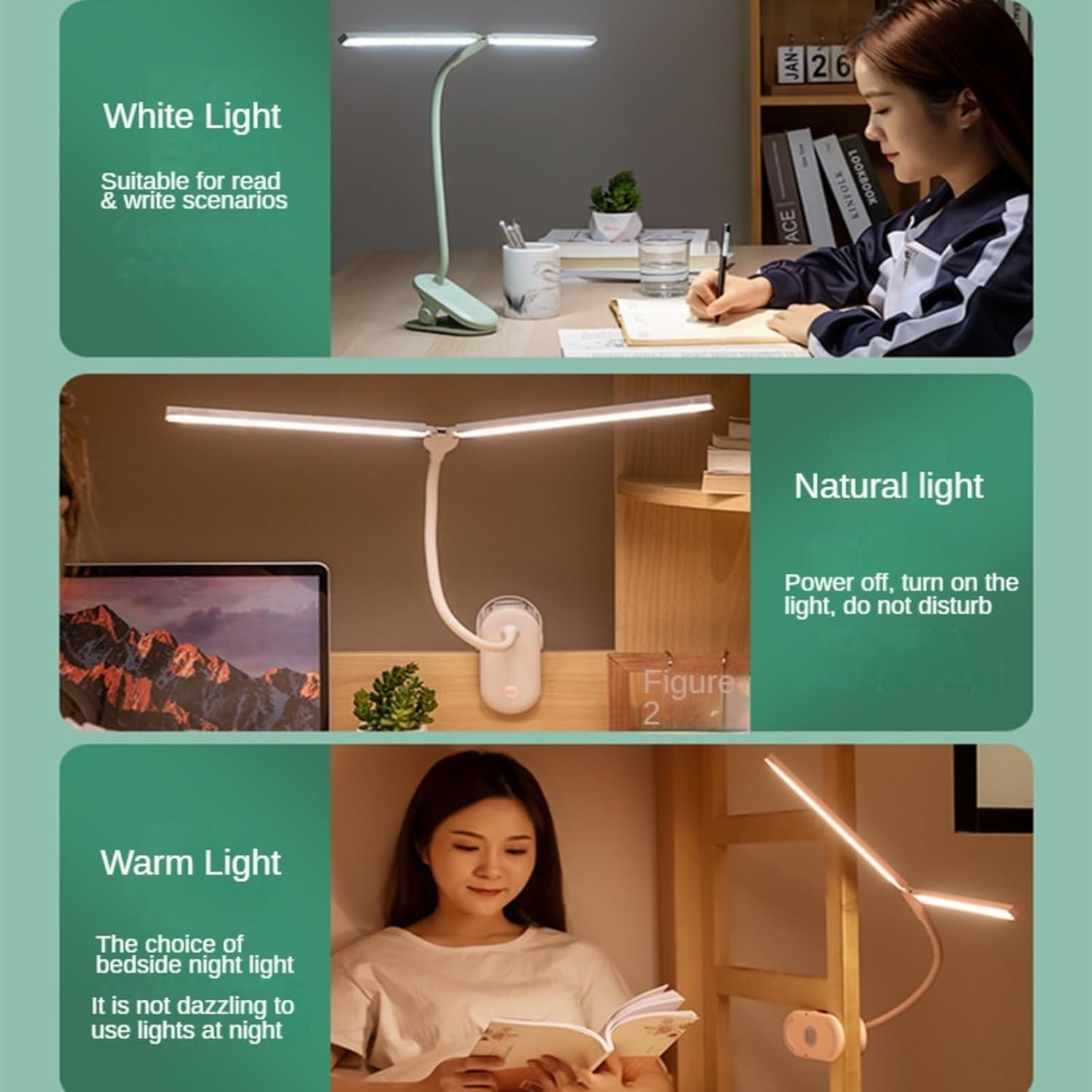 Lampada da scrivania a LED, a doppia testa, regolabile, con 30 modalità dimmerabili, ricaricabile con clip, per casa, ufficio e studio