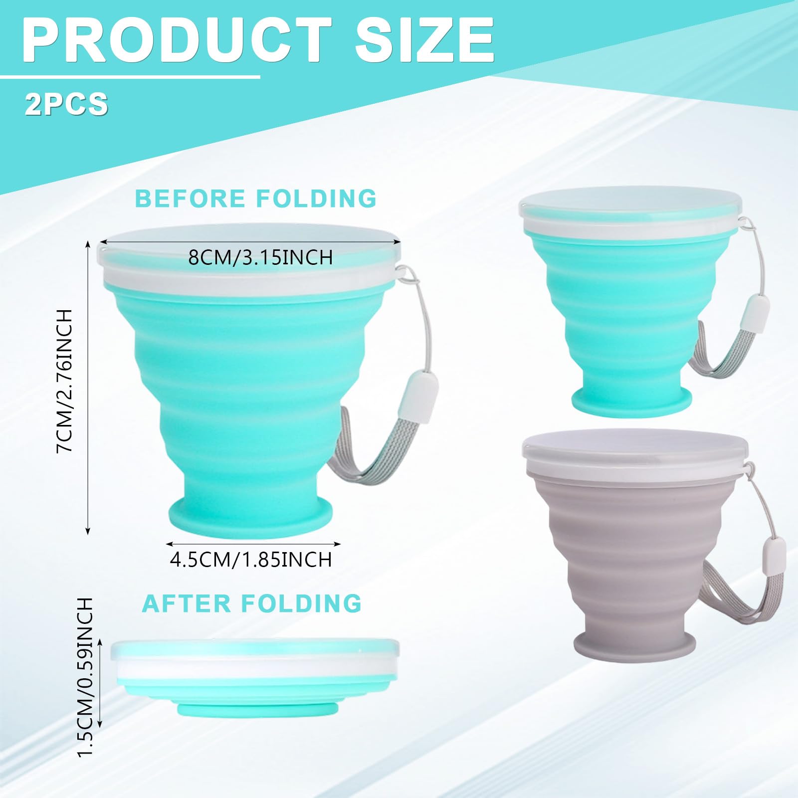 Bicchiere Pieghevole in Silicone 2 Pezzi da 200ml con Coperchio, Tazza da Viaggio salvaspazio compatta 7cm per Campeggio Escursioni Sport Picnic Esterni