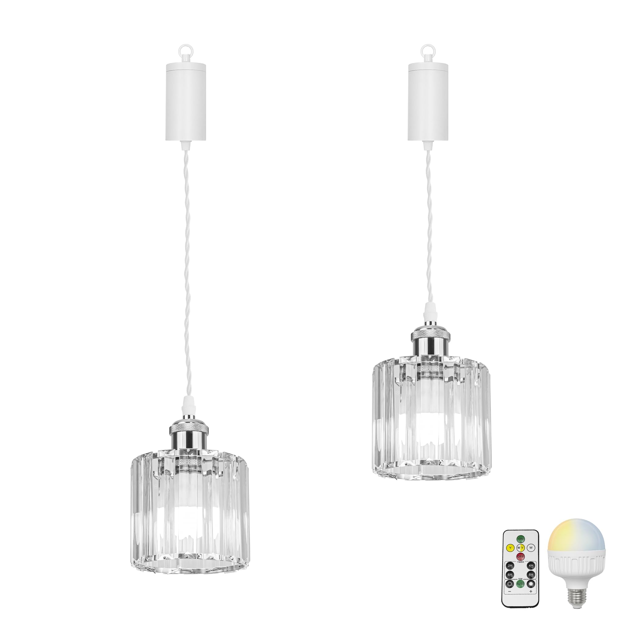 Dimmbare Hängelampe mit Batterie Innen,2er-Pack Silberne Kristall Hängeleuchte Batteriebetriebene Lampe, Pendelleuchte ohne Strom Stromanschluss für Küche Nachttischcafé,TB1265