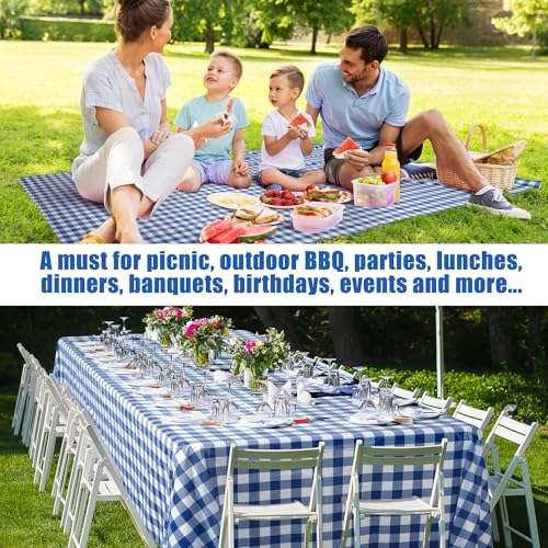 Image of Kochorie 54 Inch x 100 Ft Blue Checkered Plastic Table Cloth Roll Disposable Waterproof Table Cover Plastic Table Cover Roll with Easy Slide Cutter for Outdoor Picnic /Home Dining /Summer Party
