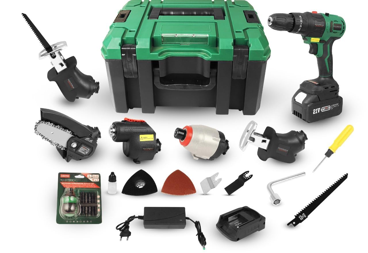 ROCKFORCE 21V Cordless 6-in-1 Multi-Tool Kit | Drill, Chainsaw, Sander, Reciprocating Saw, Impact Wrench & Oscillating Tool | Battery, Charger, Case & Free Screwdriver Kit-image-20