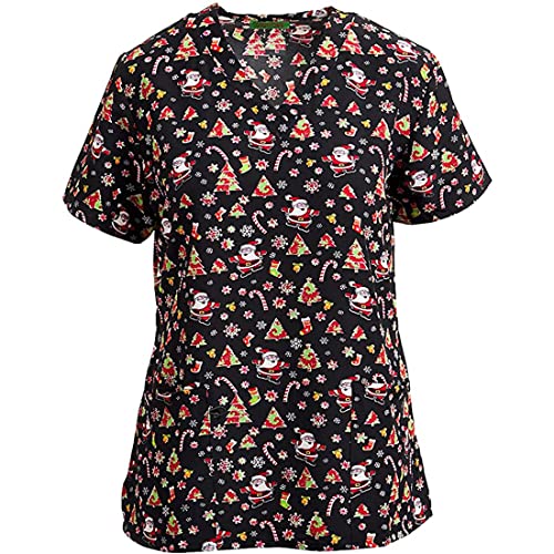 Green Town Holiday Printed Halloween Scrubs, Christmas Printed Uniform Tops (Black TIE DIE Santa Claus, 2X-Large)