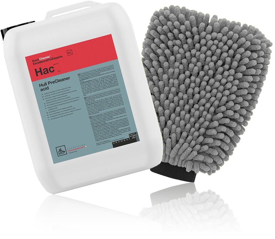 wortek Koch Chemie Hull Precleaner Acid 10 l avec gant de lavage en microfibre GFK Nettoyant pour bateau Pré-nettoyant Yacht Nettoyant pour pont de bateau