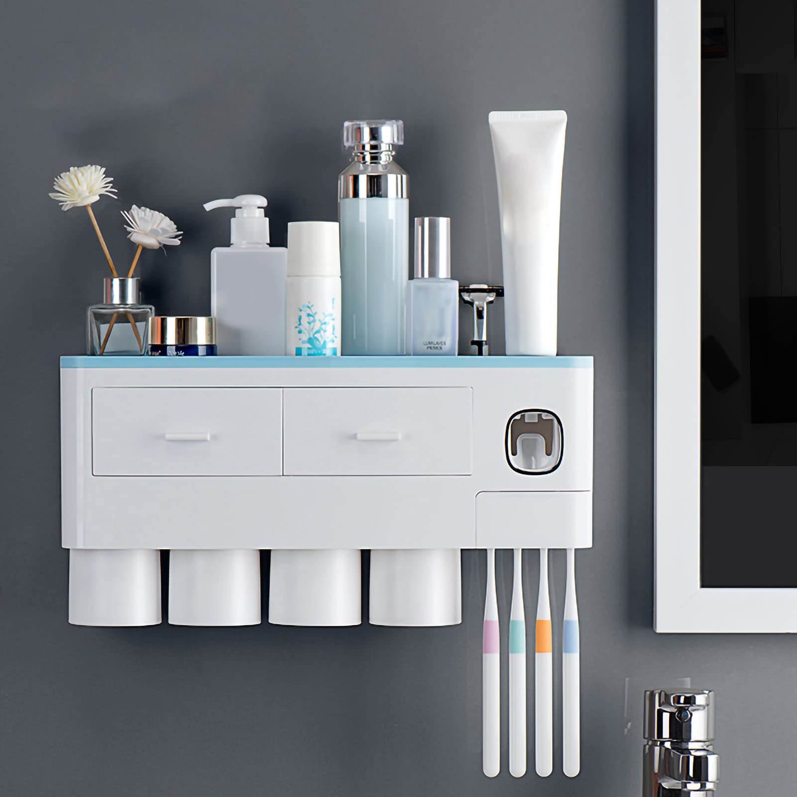 EMUKOEP Dispenser Multifunzionale per Dentifricio con Portaspazzolino Ad Adsorbimento Magnetico Invertito per L'igiene Familiare (4 tazze blu)