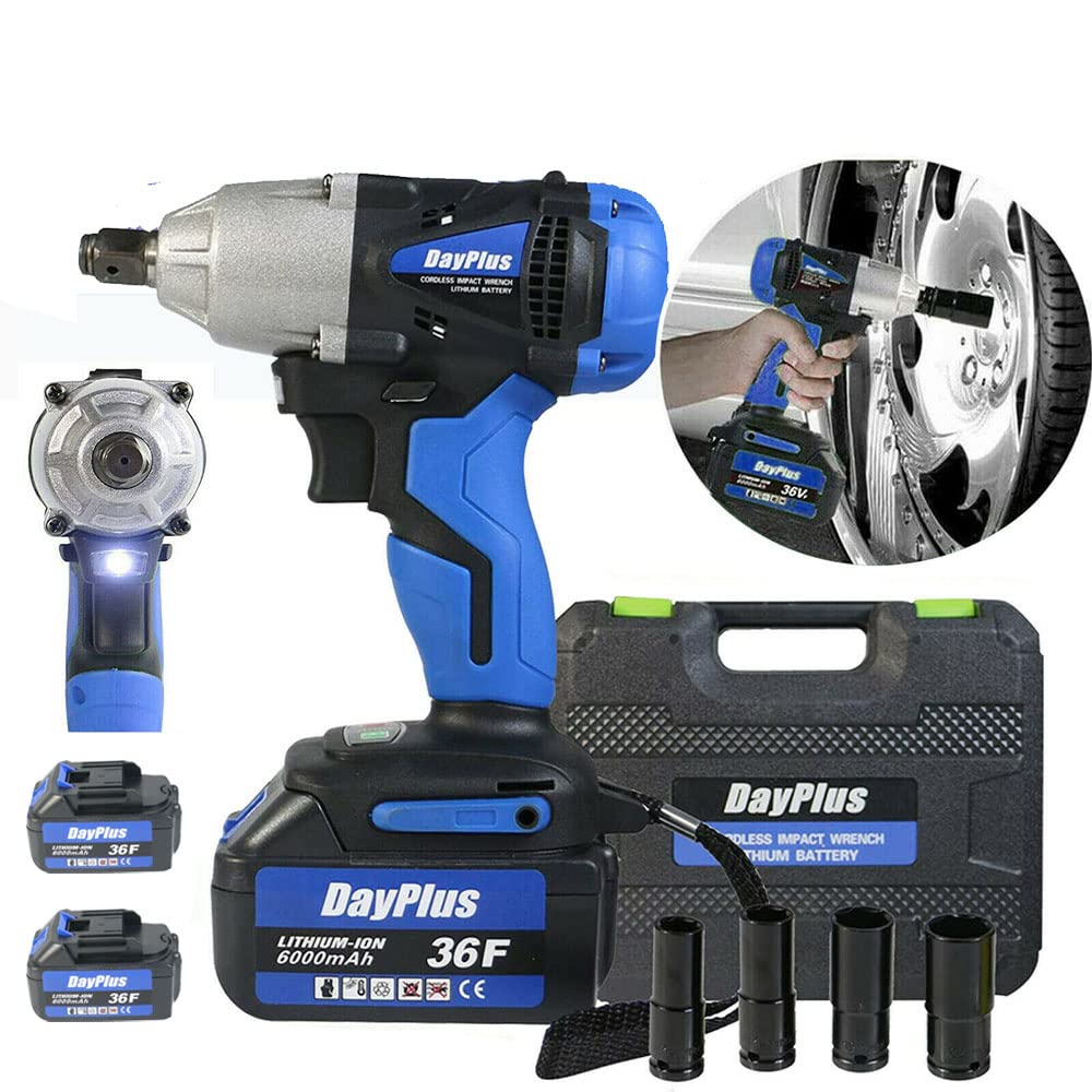 Avvitatore a urto 1/2", 420Nm Chiave a urto 6.0Ah Batteria, Avvitatore a urto 3200RPM,4 Boccole a urto per cerchi in alluminio 14/17/19/22 mm,Bulloni per ruote, con 2 batterie