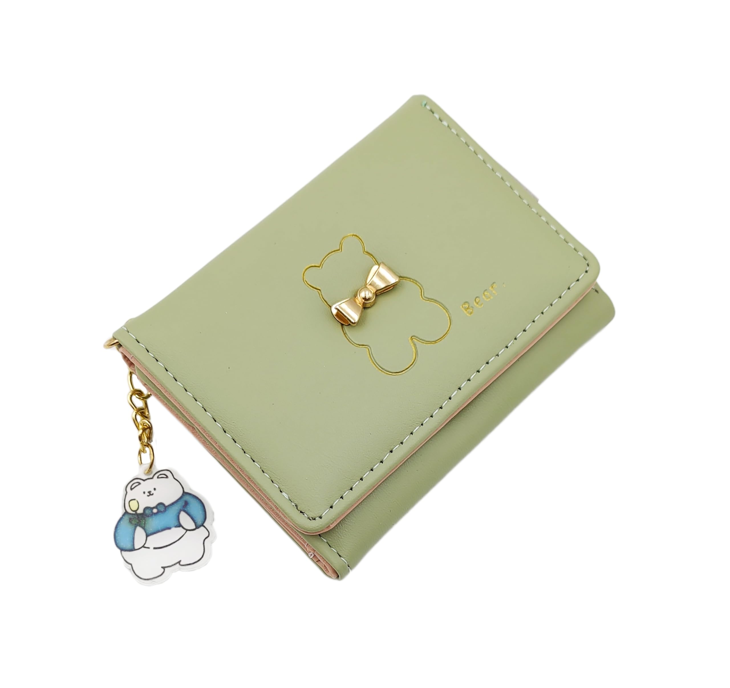 Cute Small Wallet for Girls Women Tri-Folded Wallet Cash Pocket Flowers PU Leather Print Card Holder Coin Purse with ID Window (Green)-image-47
