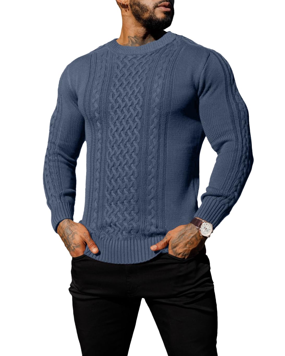 Hisir Pull d'hiver en tricot épais pour homme - Col rond - Chaud - Manches longues - Pull à col rond - Pour homme