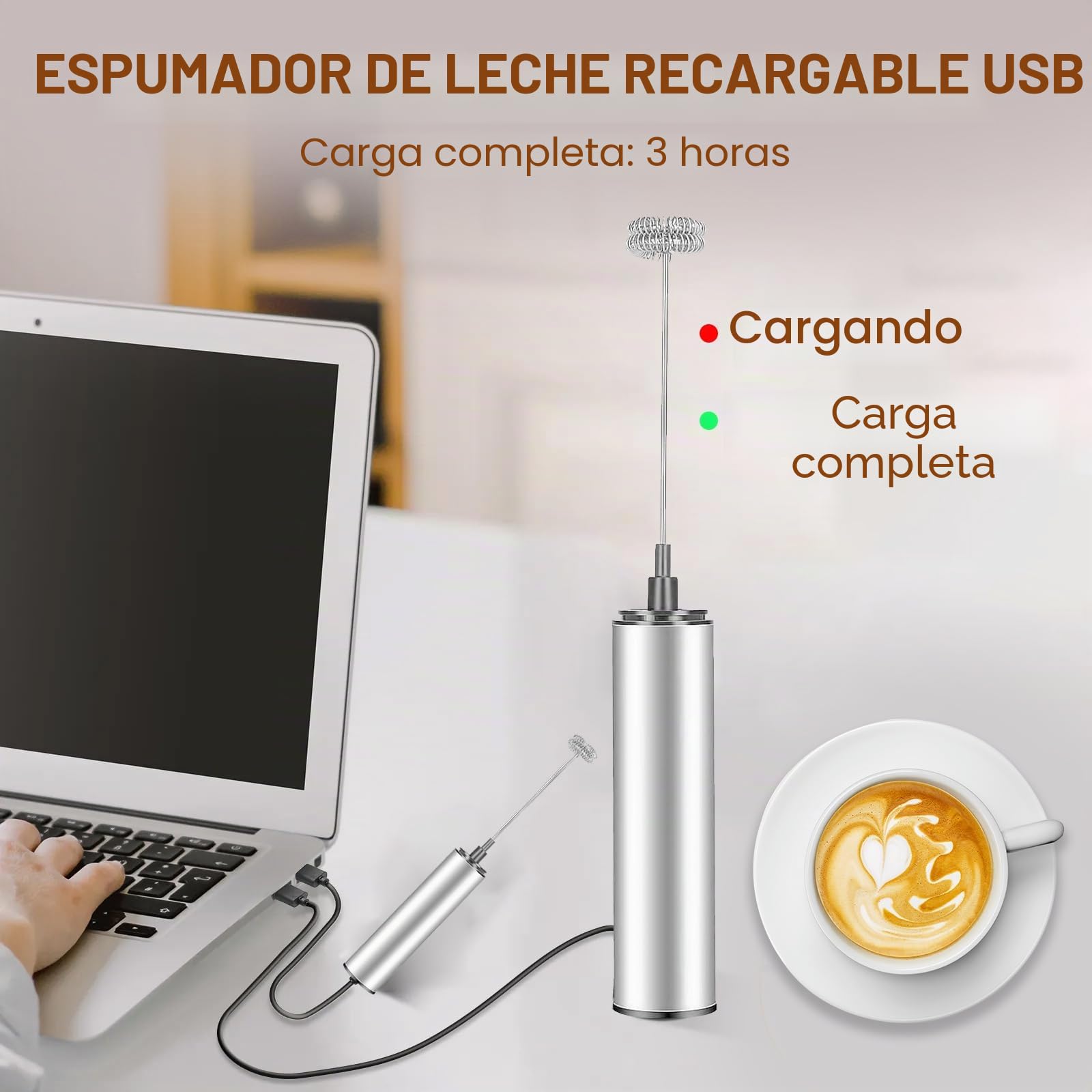 Espumador de Leche Eléctrico USB Recargable, Mini Batidora de Mano 3 en 1 con 3 Cabezales Intercambiables y 2 Velocidades, Acero Inoxidable para Café Latte, Cappuccino y Huevos