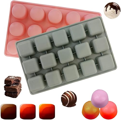 Moldes de chocolate de 15 cavidades, paquete de 2 moldes de silicona semiesférica y cuadrados, antiadherentes, de grado alimenticio, para dulces,