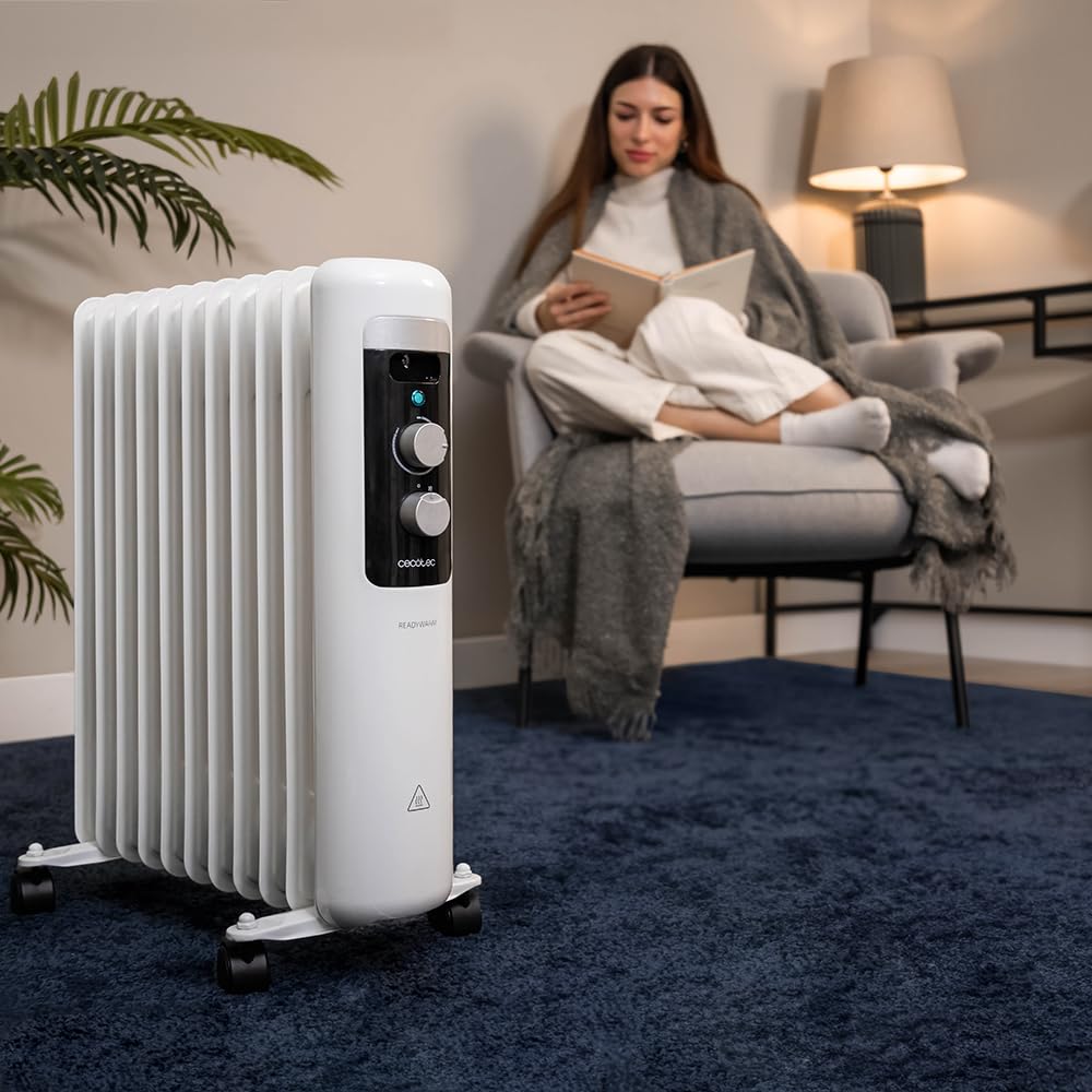 Cecotec Radiatore Ad Olio 11 Moduli Readywarm 11050 Space White. 2500W, Riscalda Fino A 25M². Termostato Regolabile, Tecnologia Warmspace, Facile Trasporto Con Easygo. Ideale Per Piccoli Ambienti.