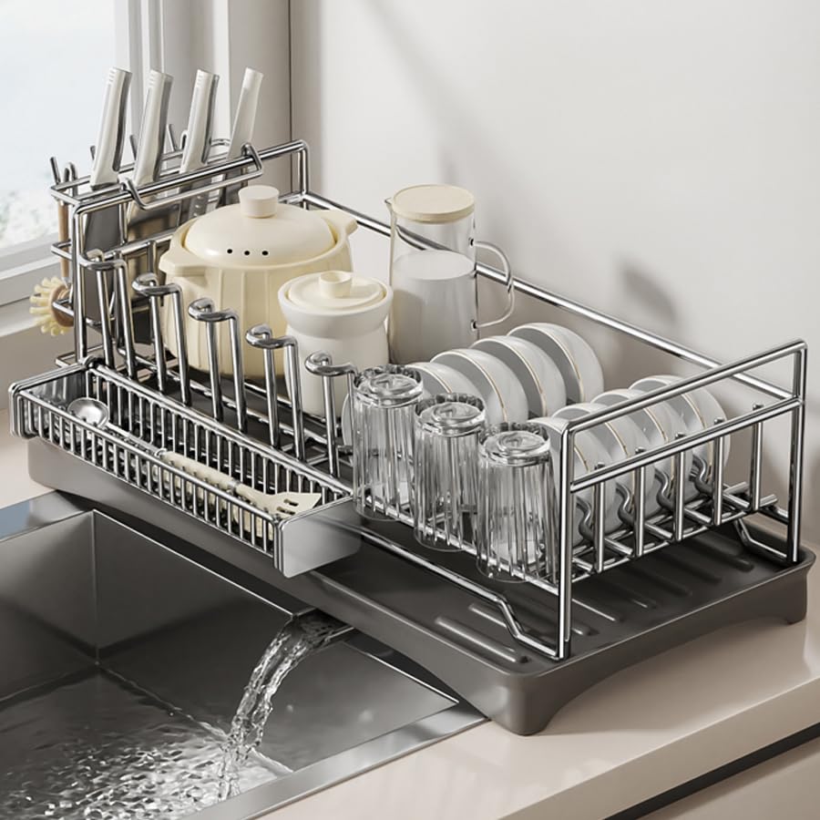 Zilnox 水切りラック ステンレス シンク上 水切り 大容量 かご キッチン カゴ 食器 乾燥 ラック 台所 包丁スタンド 箸立て 自動排水 幅52*奥行30x高21CM