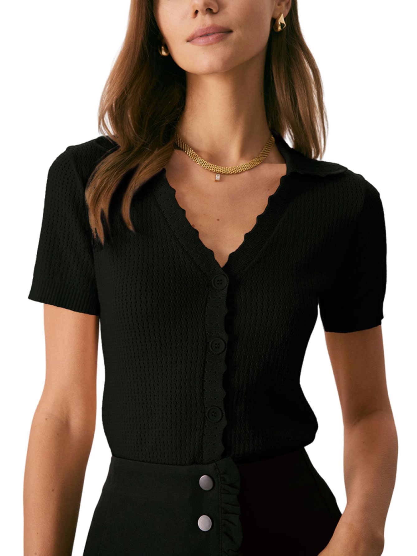 Womens Short Sleeve Cardigan Button Down Collared V Neck Pullover Sweater Button Up Knitted Trendy Tee Shirts-image-49