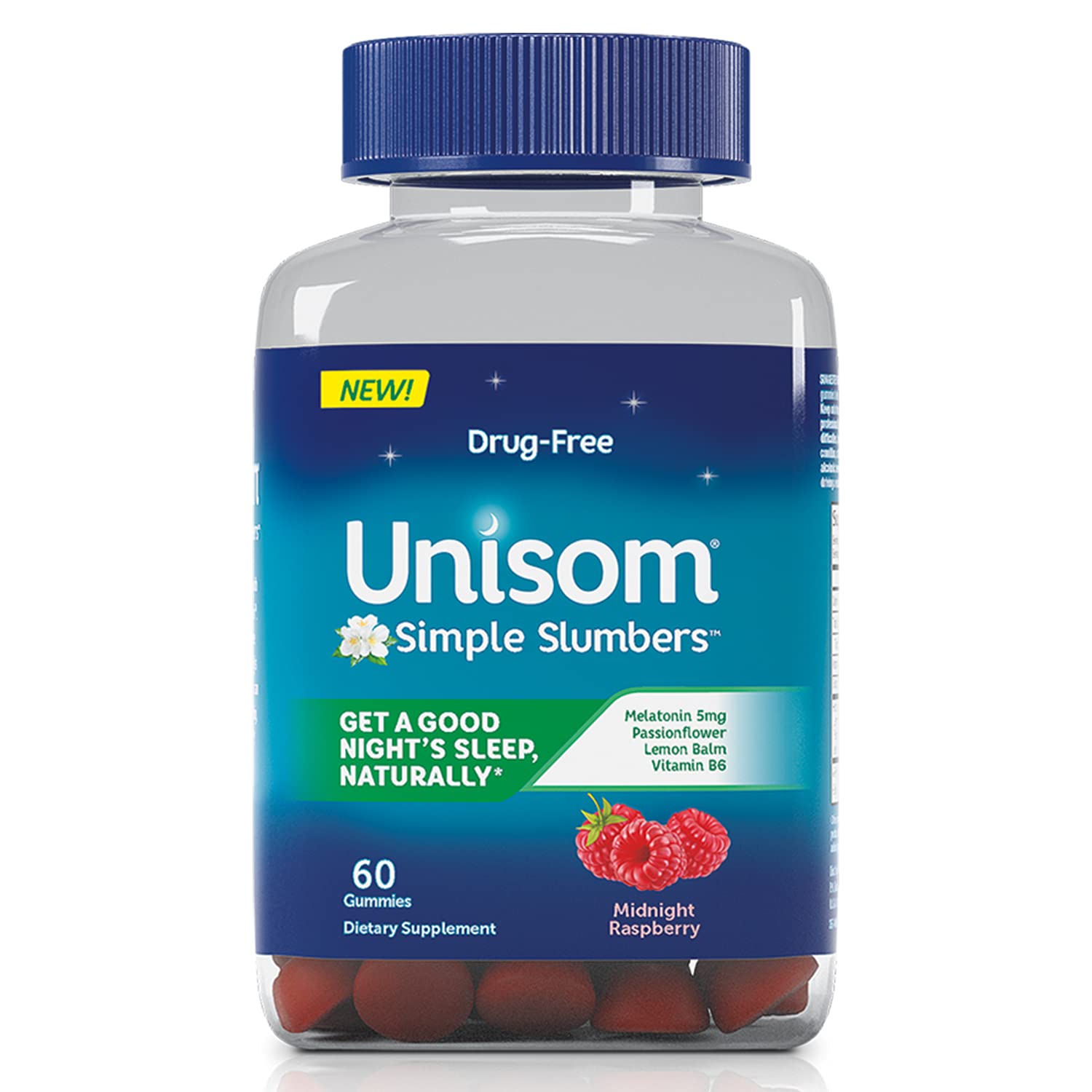 Unisom Simple Slumbers Drug Free Sleep Aid Gummies Melatonin 5mg Midnight Raspberry, Purple, 60 Count