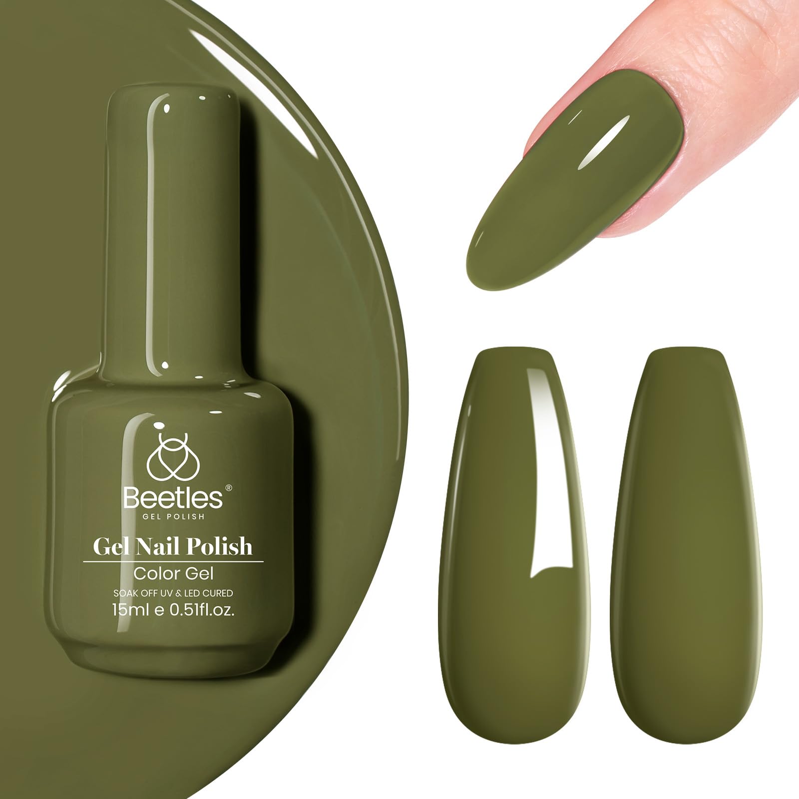 Beetles Olive Green Gel Nail Polish, 15ml Winter Army Green Earth Tone Gel Polish Long Lasting Soak Off Manicure for DIY Nail Art